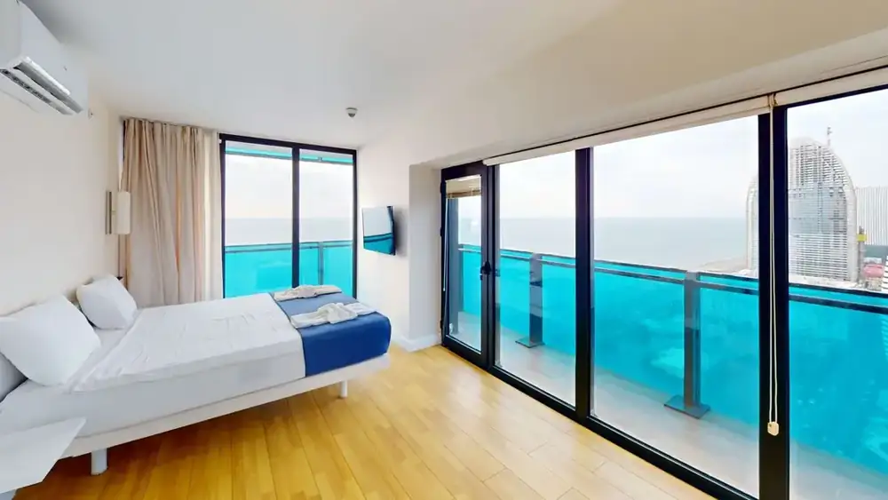 A private balcony looking out over the Black Sea from an ORBI City apartment in Batumi