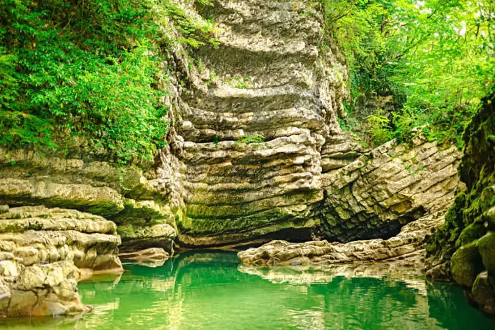 Martvili Canyon turquoise water and cliffs, Georgia